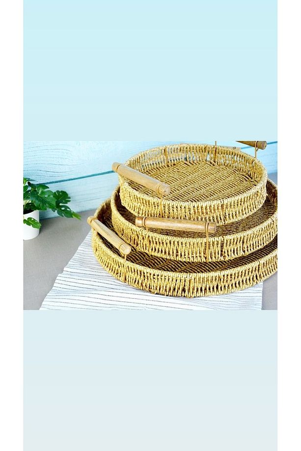 3'Lü Hasır Ahşap Kulplu Yuvarlak Tepsi Sunum Tepsisi Çay Tepsisi 700659 - 3