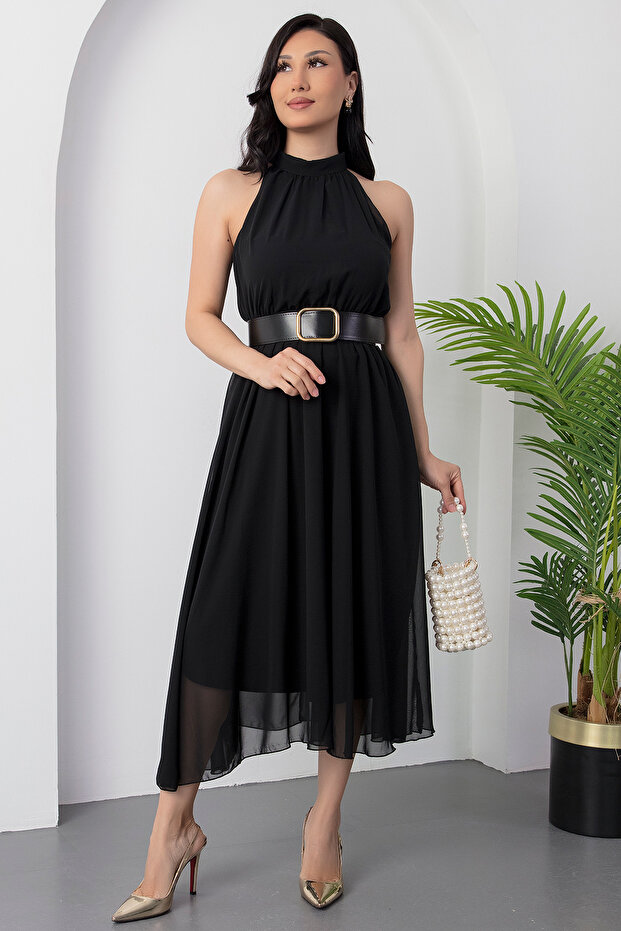 Halter Yaka Kemerli Astarlı Şifon Elbise GRS3734 - 1