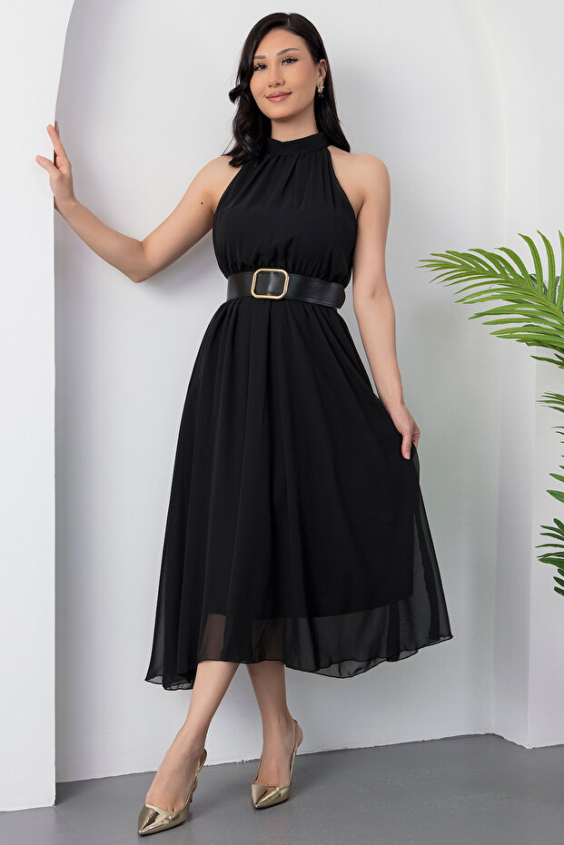 Halter Yaka Kemerli Astarlı Şifon Elbise GRS3734 - 5