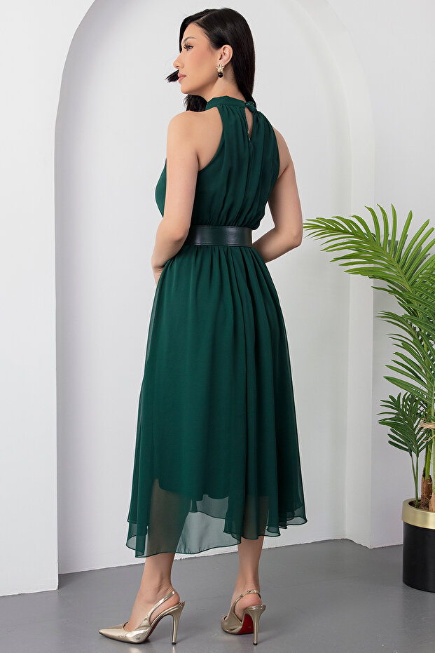 Halter Yaka Kemerli Astarlı Şifon Elbise GRS3734 - 6