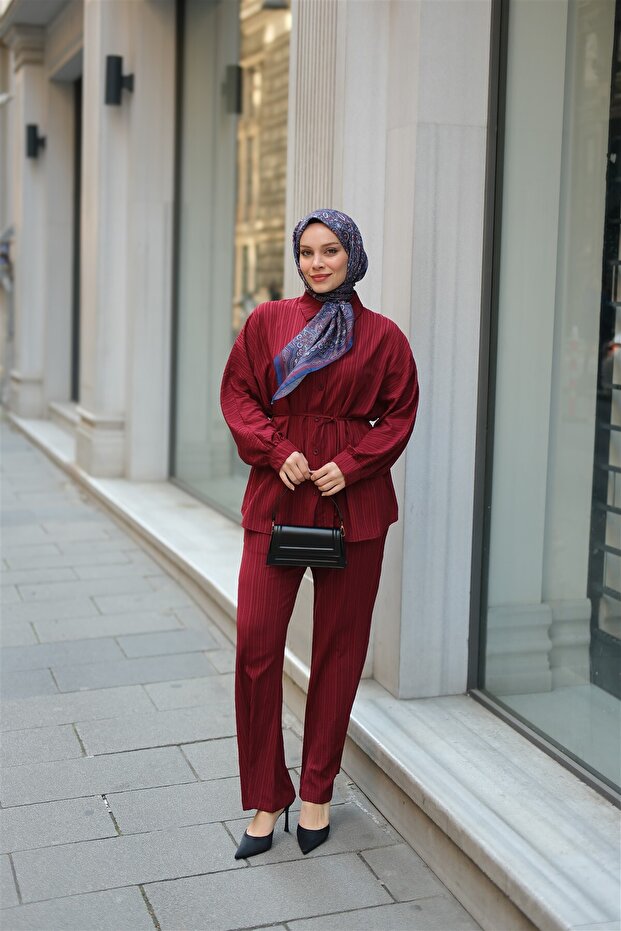 Women's Crinkle Fabric Waist Tie Suit Claret Red