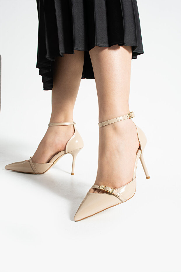 Bej Parlak Kırışık Vegan Deri Stiletto | 9 cm İnce Topuk | Sivri Burun | Şık Rahat Kadın Ayakkabı - 2