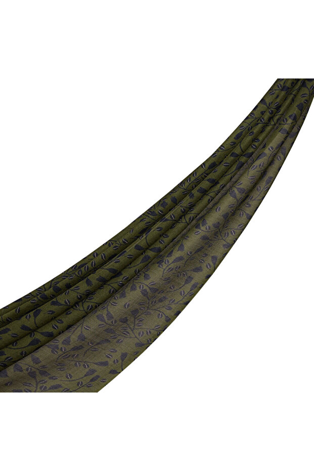 Henna Green Mini Leaf Patterned Wool Shawl - 1