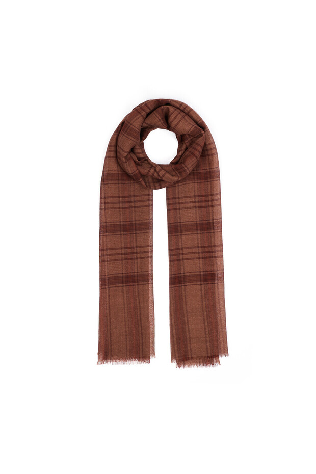 Kahve Salt Ekose Desenli Yün İpek Şal - 2