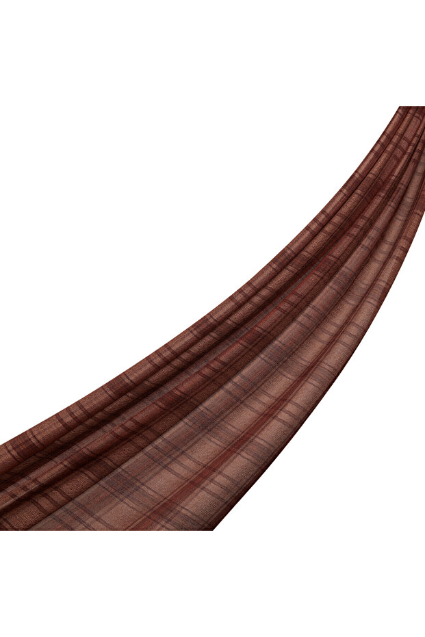 Kahve Salt Ekose Desenli Yün İpek Şal - 1