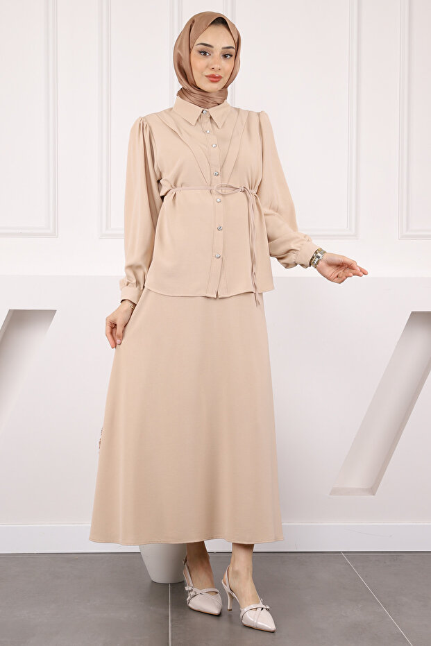 Beige Waist Belted Shirt Skirt Suit