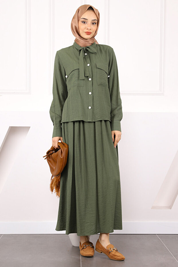 Khaki Collar Tie Shirt Skirt Suit