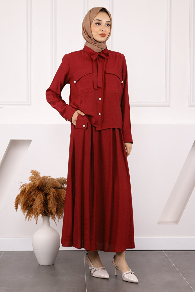 Burgundy Collar Tie-Up Shirt Skirt Suit