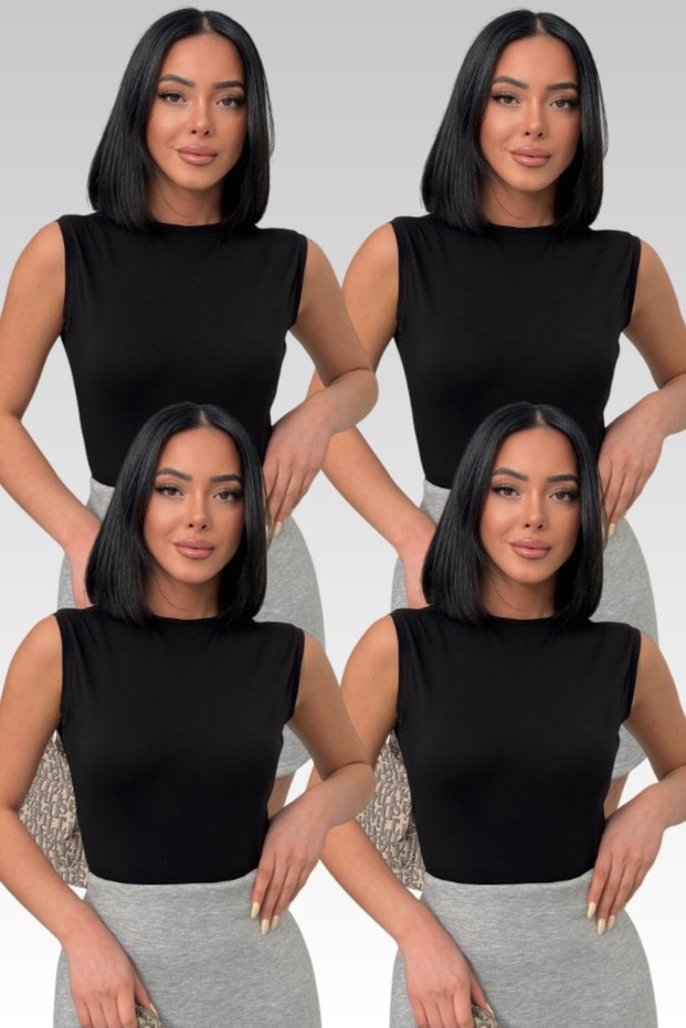 Women's Black 4-Piece Crew Neck Cotton Sleeveless Body Zero Sleeve Body Cotton T-Shirt Beige Crew Neck