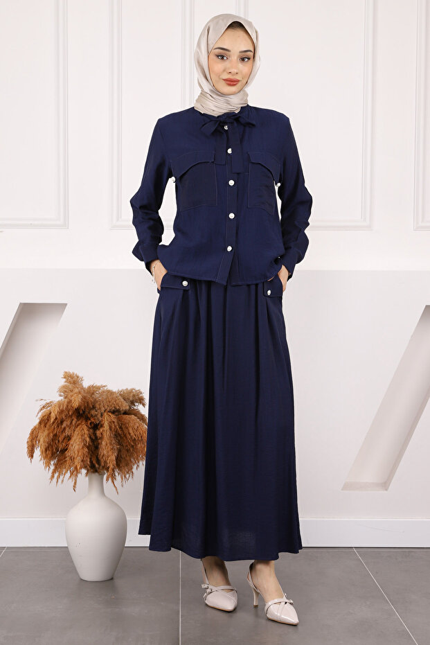 Navy Blue Collar Tie Shirt Skirt Suit