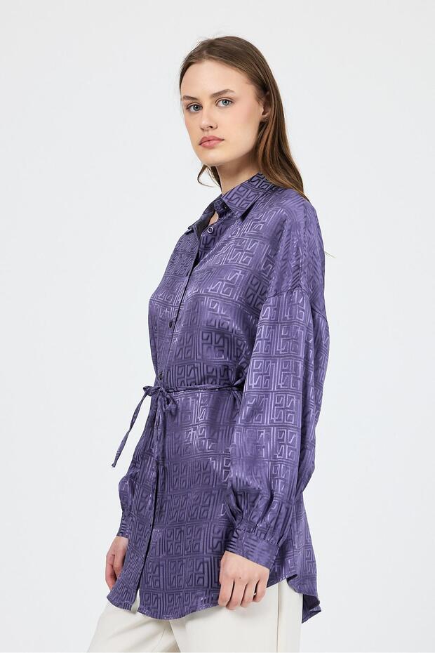Lilac Patterned Satin Look Rope Lacing Detailed Shirt 4293A