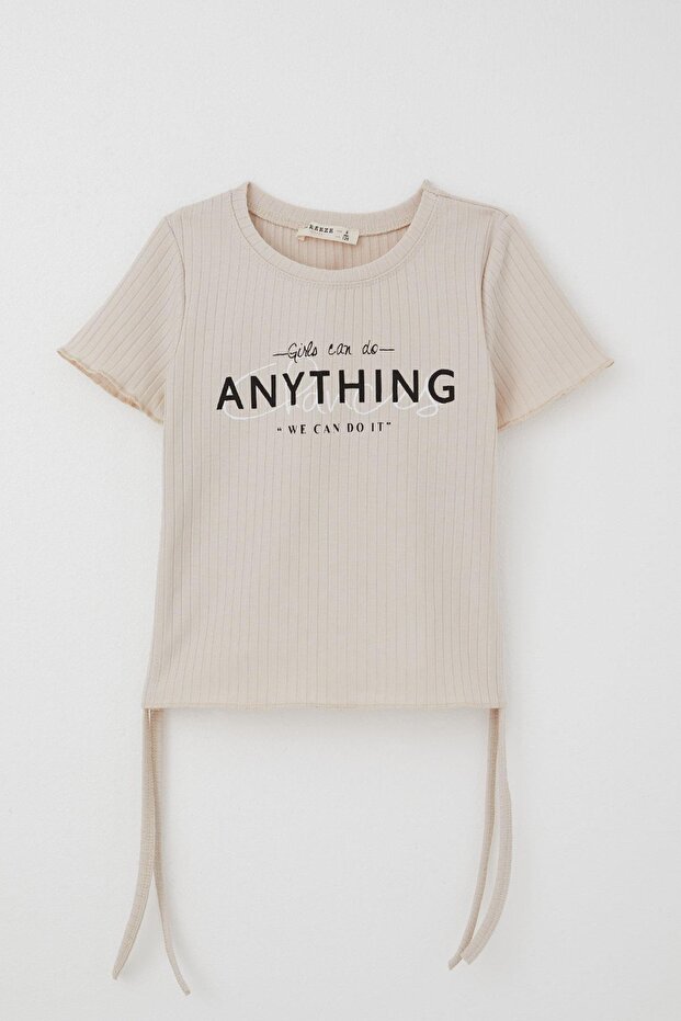 Girl's T-Shirt Side Gathered Text Printed 8-14 Years, Beige