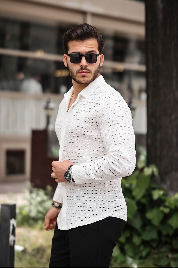 Erkek Uzun Kol Delikli Desen Örme Kumaş Regular Kalıp Kalıp Yeni Sezon Gömlek - 3