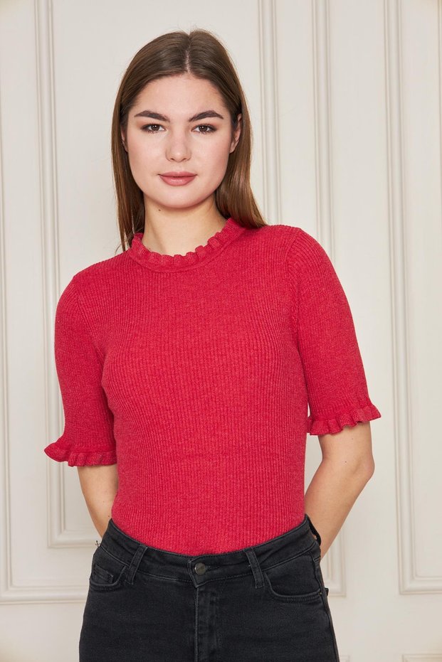 Women's Red Ruffled Short Sleeve Ribbed Knitwear Blouse 1212