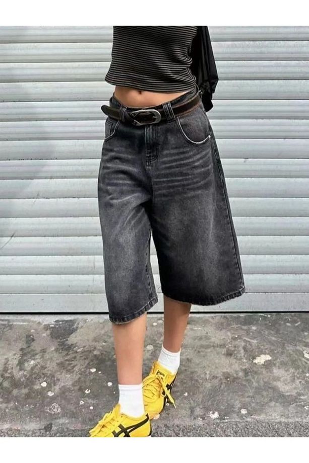 Antrasit Yıkamalı Baggy Jean Şort - 4