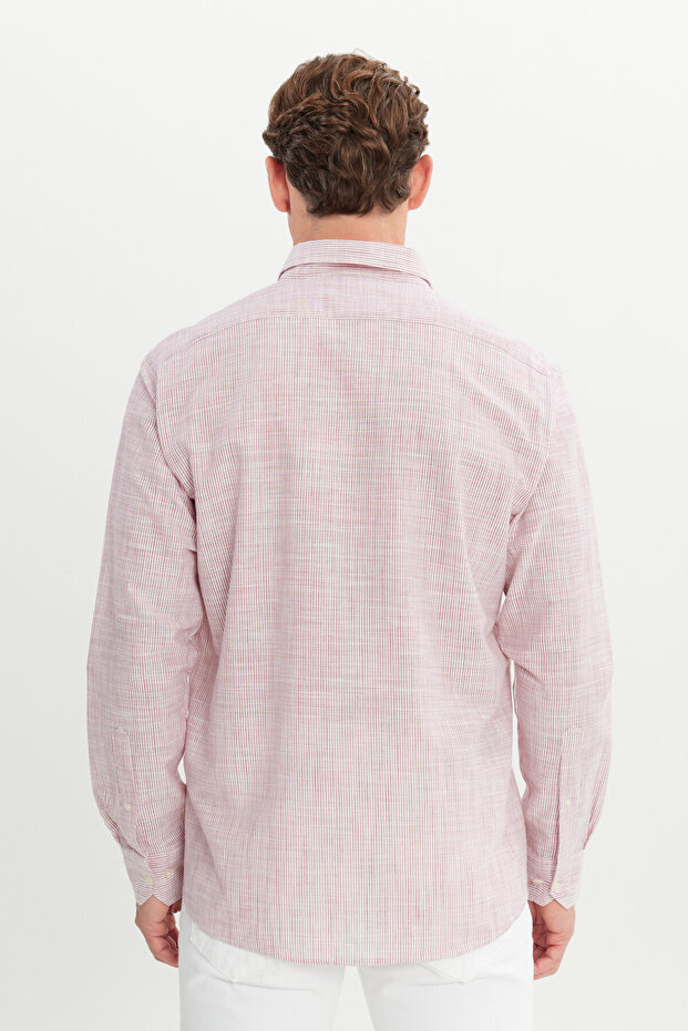 Erkek Bordo %100 Pamuk Comfort Fit Rahat Kesim Düğmeli Yaka Çizgili Gömlek - 5