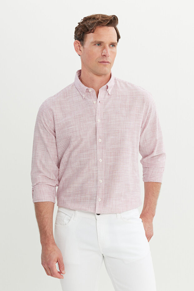 Erkek Bordo %100 Pamuk Comfort Fit Rahat Kesim Düğmeli Yaka Çizgili Gömlek - 1