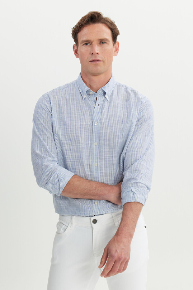 Erkek Lacivert %100 Pamuk Comfort Fit Rahat Kesim Düğmeli Yaka Çizgili Gömlek - 1