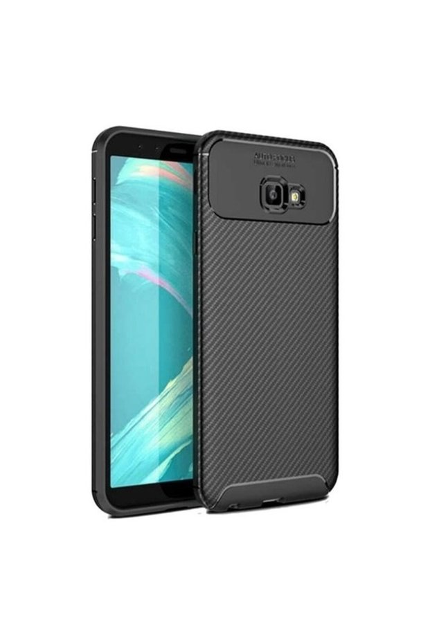 جراب لهاتف Galaxy J4 Plus بنمط كربون Lux Negro سيليكون أسود + واقي شاشة Ghost