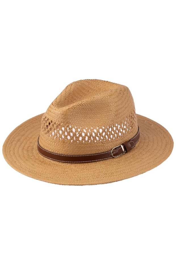 Men's Belt - Detailed Wide Brim Straw Hat Y25750-06 Mink