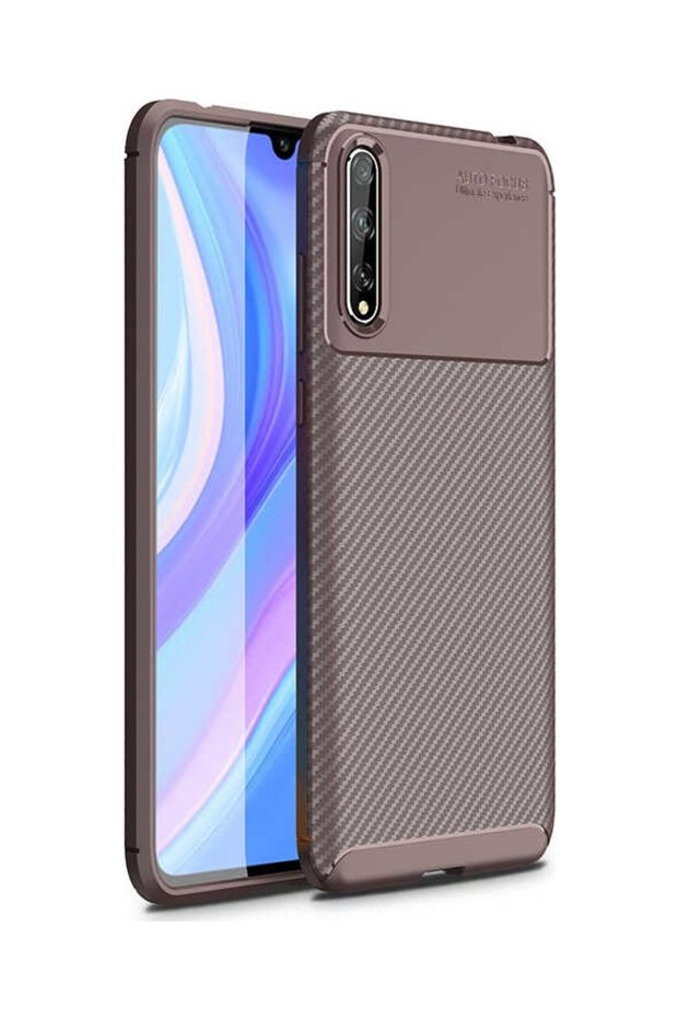 حافظة لهاتف هواوي P Smart S (Y8P) بنمط كربون لوكس نيغرو سيليكون بني + واقي شاشة كامل