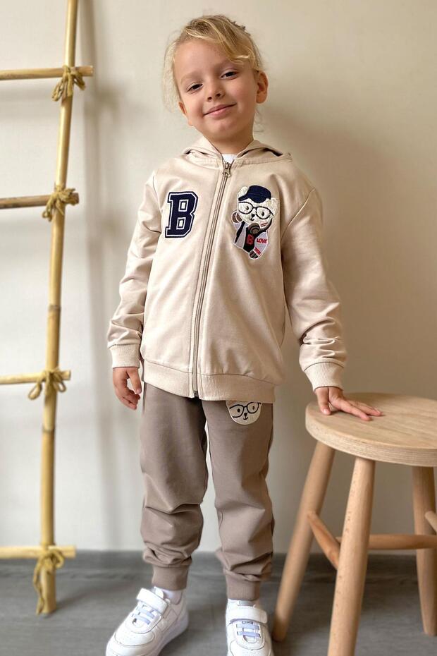 Boy's Tracksuit Set with Cool Teddy Bear Embroidery, Ages 1.5-5, Beige