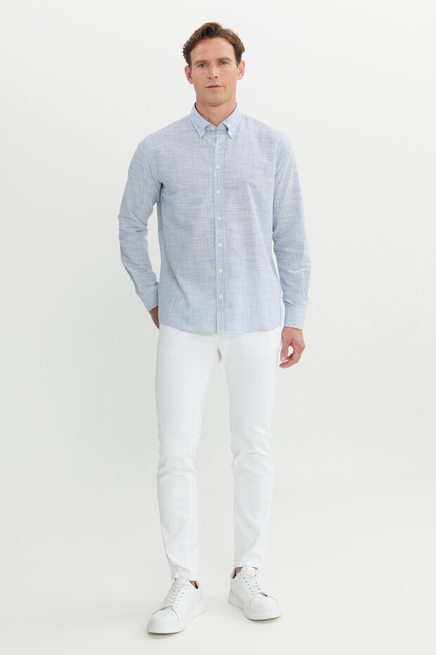 Erkek Lacivert %100 Pamuk Comfort Fit Rahat Kesim Düğmeli Yaka Çizgili Gömlek - 2