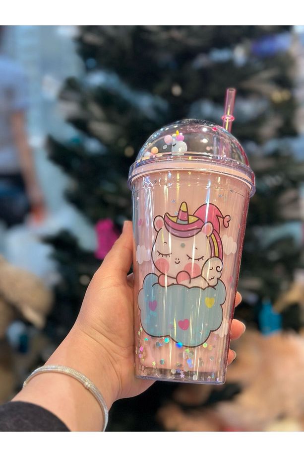 simli çok renkli desenli pipetli suluk matara pipetli bardak unicorn - 1