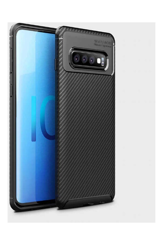 جراب لهاتف Galaxy S10 بنمط كربون Lux Negro سيليكون أسود + واقي شاشة كامل