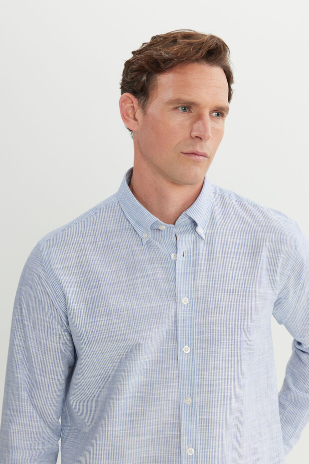 Erkek Lacivert %100 Pamuk Comfort Fit Rahat Kesim Düğmeli Yaka Çizgili Gömlek - 4