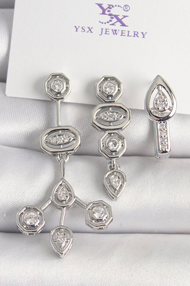 Brass Silver Color Zircon Stone Geometric Model 3-Piece Women's Combination Earrings