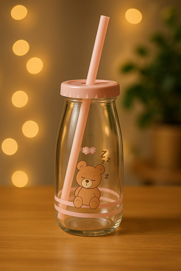 Glass Bottle with Straw, Children's Bottle, Cute Teddy Bear Patterned Glass Bottle with Straw 1 Piece - 250 ml