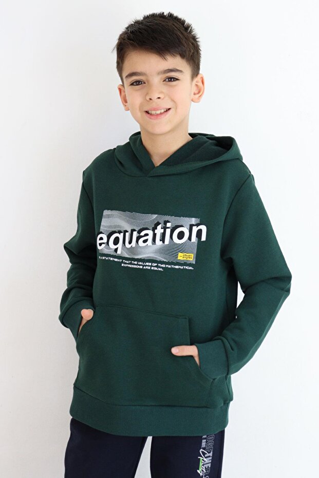 Boy's Sweatshirt with Text Print and Kangaroo Pocket, Hooded, Ages 8-14, Dark Green