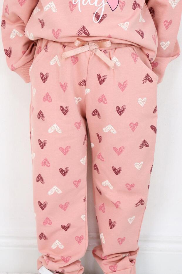 Kız Bebek Eşofman Takım Kalp Desenli Yazı Baskılı 1-4 Yaş, Gülkurusu - 3