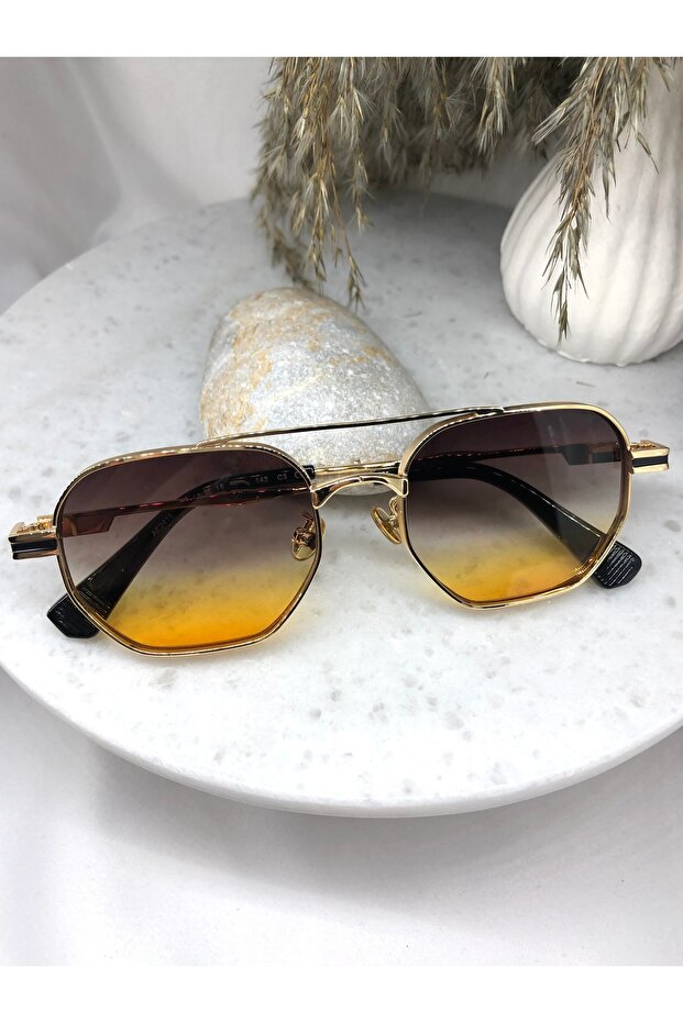 نظارات شمسية مستطيلة الشكل باللون الأسود والبرتقالي المتدرج - 2