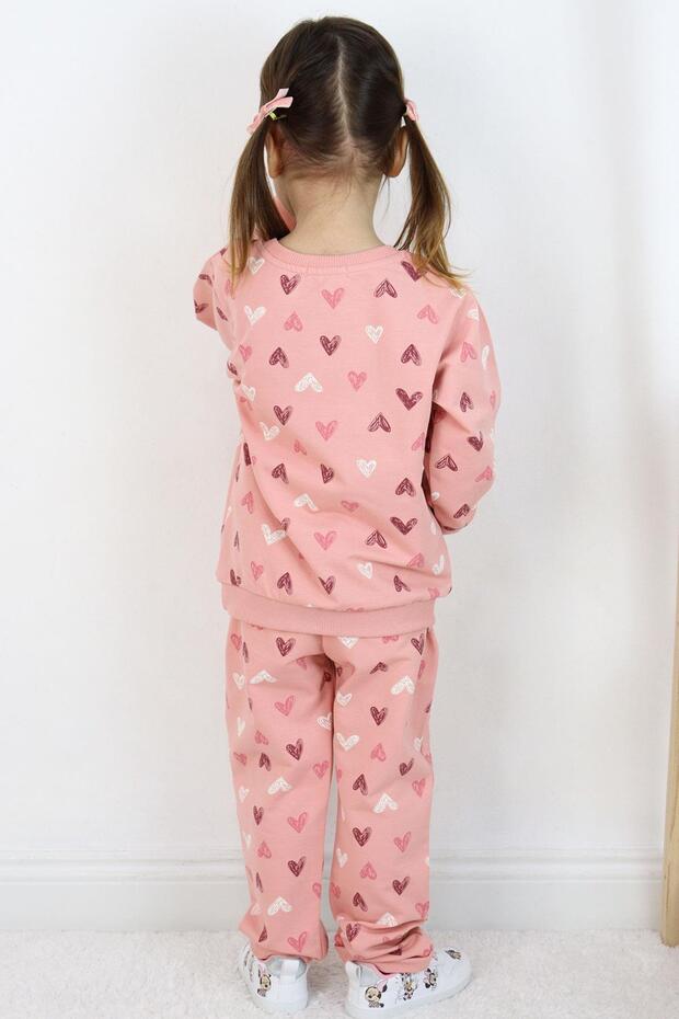 Kız Bebek Eşofman Takım Kalp Desenli Yazı Baskılı 1-4 Yaş, Gülkurusu - 2