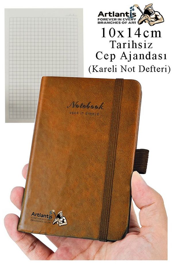 Sert Kapak Tarihsiz Ajanda 10x14 cm 1 Adet Sert Kapak Lastikli Not Defteri Cep Ajandası Kareli Kalem - 1