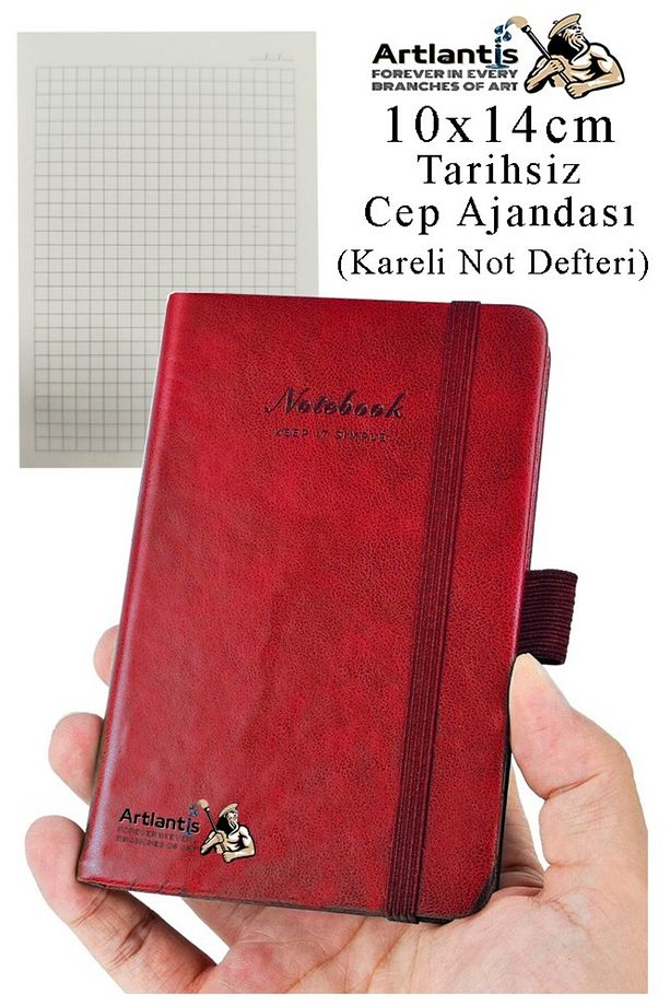 Sert Kapak Tarihsiz Ajanda 10x14 cm 1 Adet Sert Kapak Lastikli Not Defteri Cep Ajandası Kareli Kalem - 1