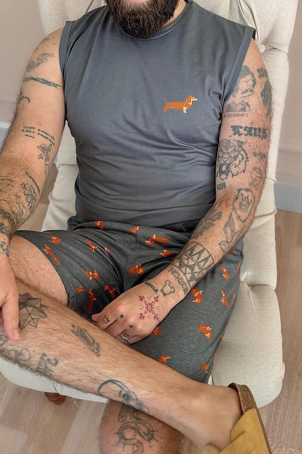 Füme Dasch Baskılı Sıfır Kol Şortlu Erkek Pijama Takımı - 6