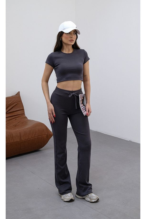 Kadın Antrasit Vücuda Oturan Esnek Örme Crop Tshirt ve İspanyol Paça Tayt Y2K Alt-Üst Takım - 1