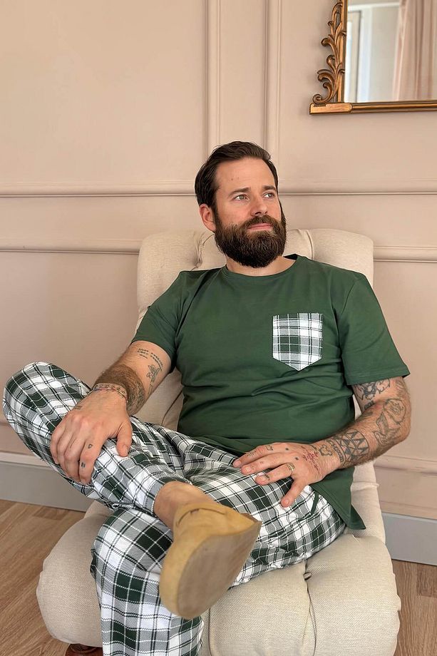 Zümrüt Ekose Cep Detay Kısa Kollu Erkek Pijama Takımı - 5
