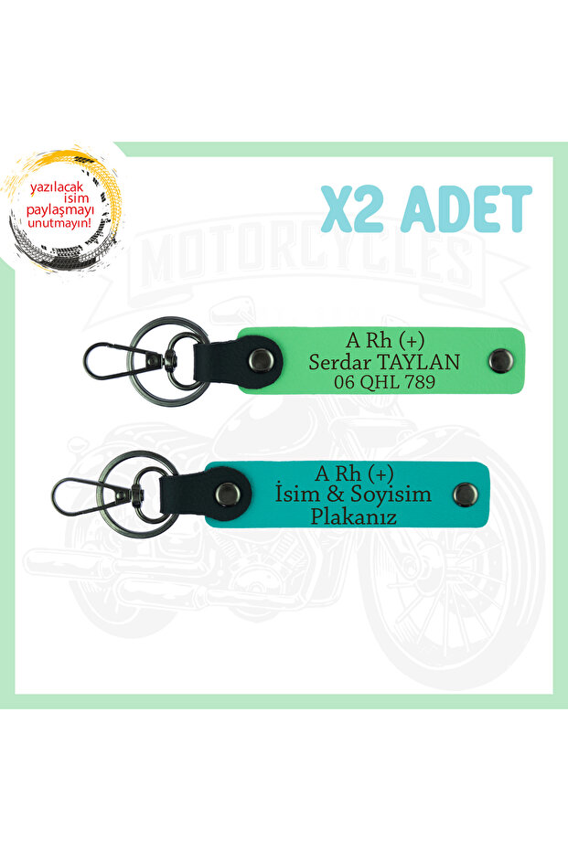 Motorcycle Sevene, 2 Keychains with Name Plate and a + Blood Group Written, Dark Turquoise-Pistachio Green