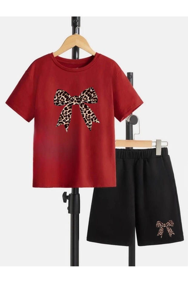 Ribbon printed girls' combed cotton shorts set