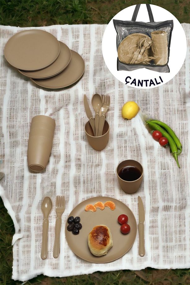 6 Kişilik 31 Parça Çantalı Piknik Seti Plastik Bardak Çatal Kaşık Bıçak Yemek Kahvaltı Takımı-Latte - 1