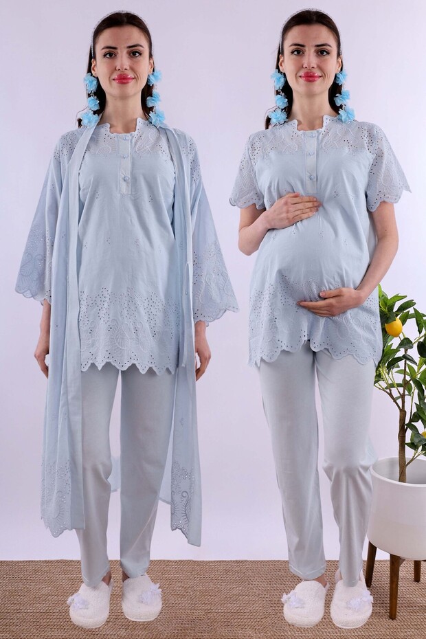 Effortt Blue Scalloped Maternity Pajama Set with Dressing Gown