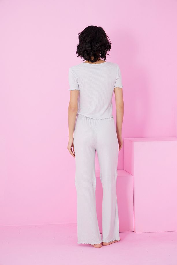 gri Soft Touch İnce Mevsimlik Örme Pijama Takım7869 - 3