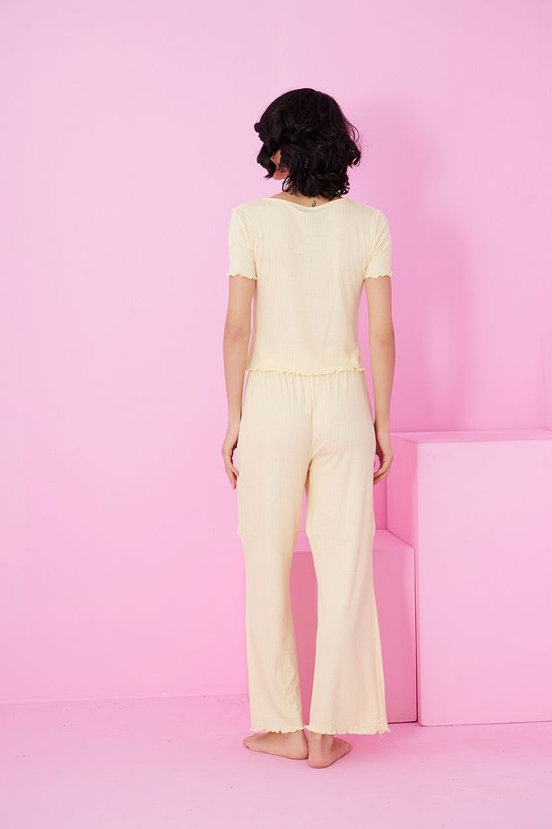 sarı Soft Touch İnce Mevsimlik Örme Pijama Takım7869 - 3