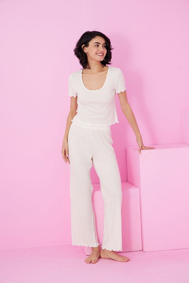 ekru Soft Touch İnce Mevsimlik Örme Pijama Takım7869 - 2