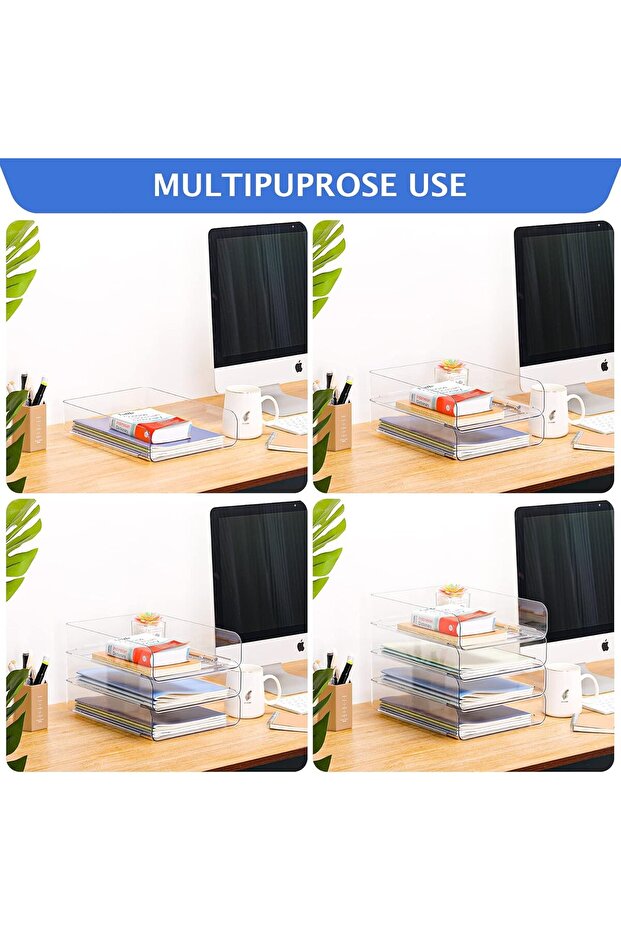 4-pack desktop file storage box, transparent PET, large capacity, stackable, for storing stationery - 6