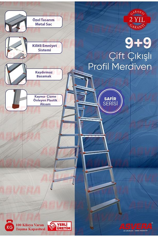 Safir Serisi - 9 9 Basamaklı Çift Çıkışlı Galvanizli Profil Merdiven (EV, BAHÇE, IŞYERİ IÇİN UYGUN) - 1